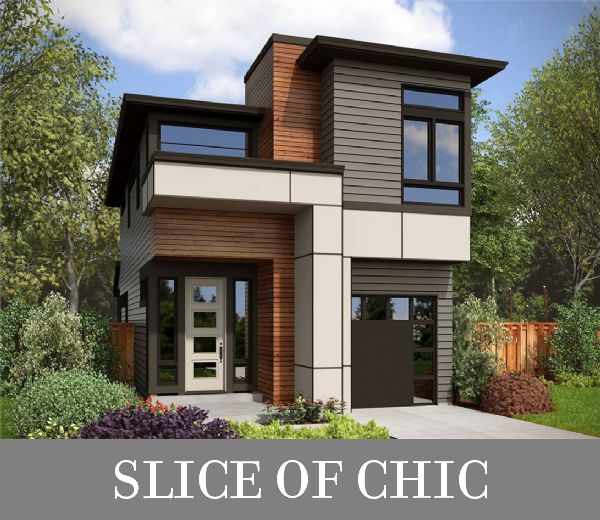 A Narrow Contemporary Home with a 1-Car Garage, Open Living, and Three Bedrooms Upstairs