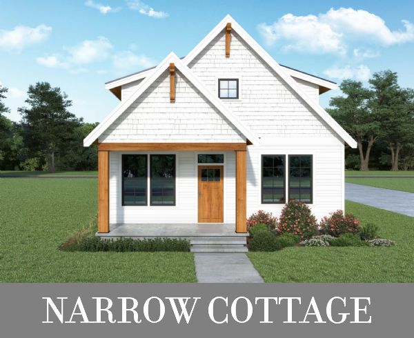 A Narrow Cottage with a Main-Level Master Suite and Two Bedrooms Upstairs