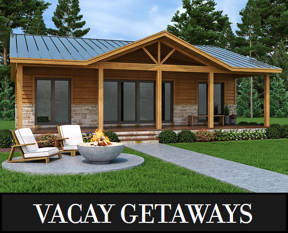 A Small Rectangular Cabin with 2 Bedrooms, 2 Bathrooms, Cathedral Living and Large Windows