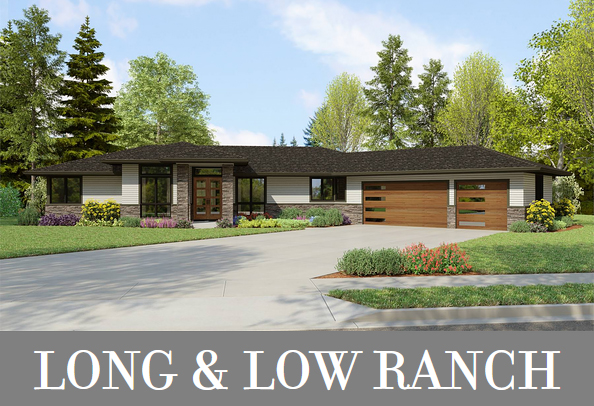 A Long and Low Ranch with an Angled Garage and Four Split Bedrooms