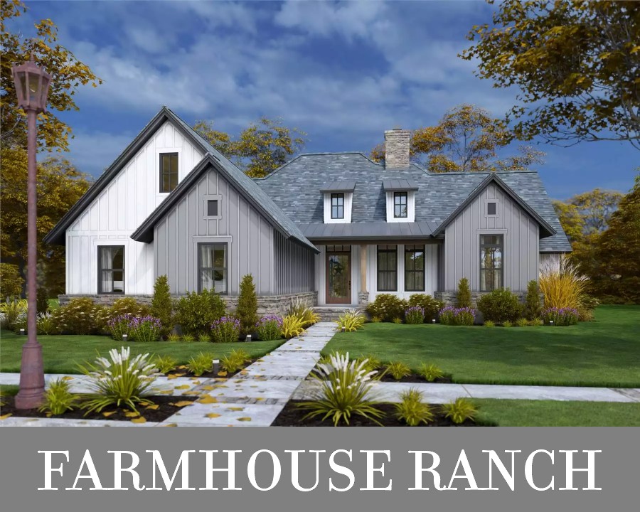 A One-Story Farmhouse with Three or Four Split Bedrooms, Vaulted Living, and a Side-Entry Garage