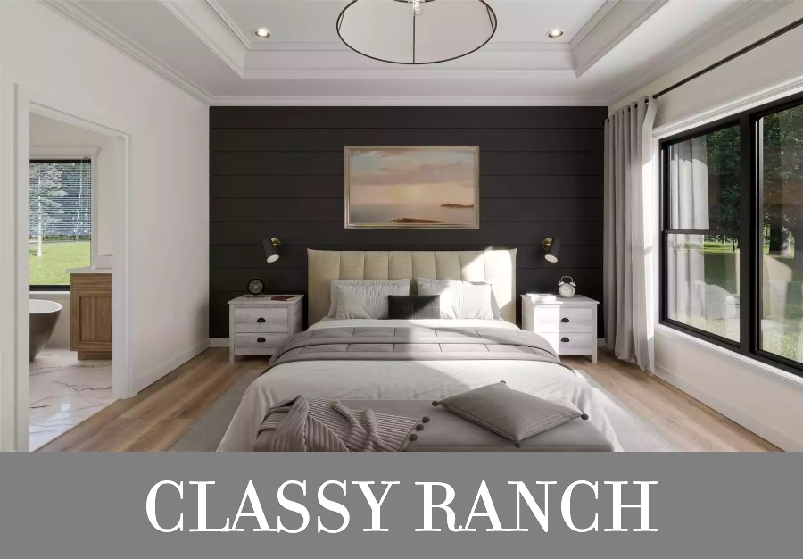 The Primary Bedroom with a Trayed Ceiling in a Midsize Ranch with a Three-Car Garage