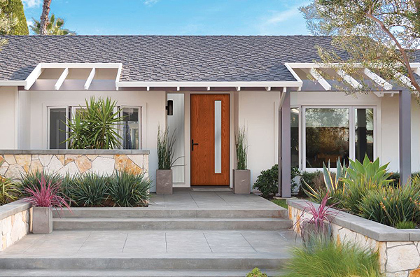 A Striking Redwood-Look Entry Door on a Beachy Modern Home