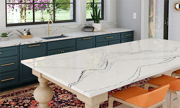 A White Quartz Countertop with Dramatic Dark Veining and Flecks of Gold