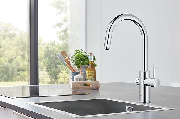 A Sleek Faucet with a Handle for Tap and a Turnable Knob for Filtered Water, Both Still & Sparkling