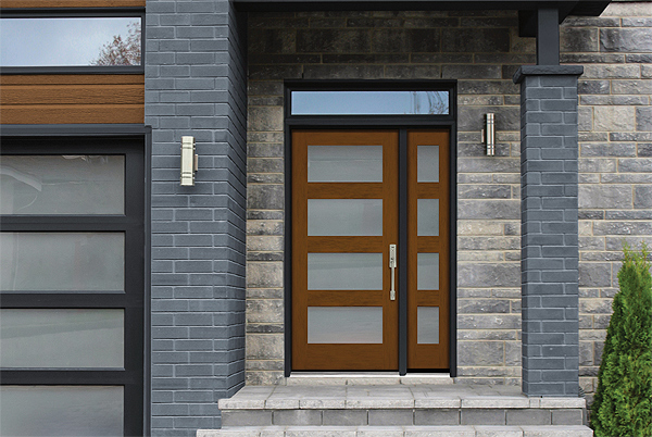 A Chic Modern Front Door with a Stack of Four Doorlites and a Matching Sidelite