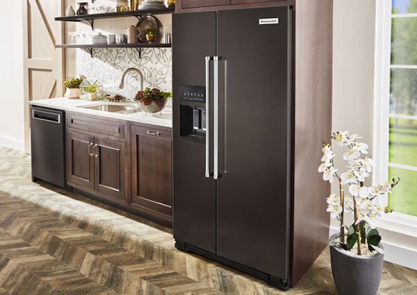 A Black Stainless Fridge with a Side-by-Side, Counter-Depth Configuration