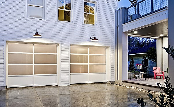 Modern Glass-in-Panel Garage Doors with Frosted Windows in Three Rows