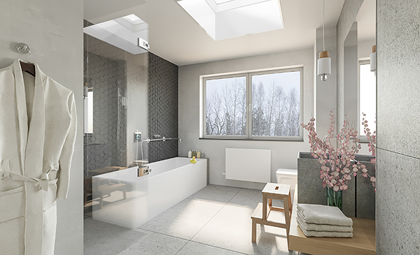 A Bathroom with a Large Skylight That Brightens the Center of the Room