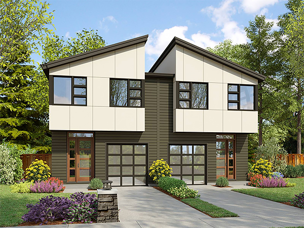 A Modern Two-Story Duplex with a One-Car Garage, Three Bedrooms, and Office Space in Each Unit