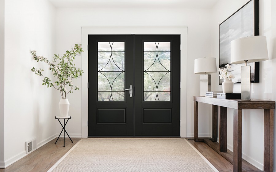 A Bold Set of Black Entry Doors with a Chic Transitional Glass Design in the Lites