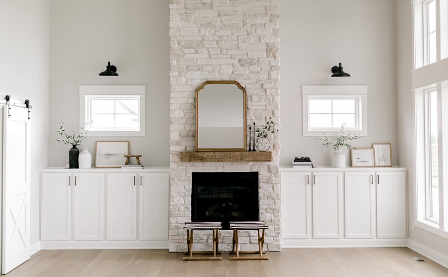 A Fireplace with Stylistically Flexible Stone in a Chic White and Light Grey Color Blend