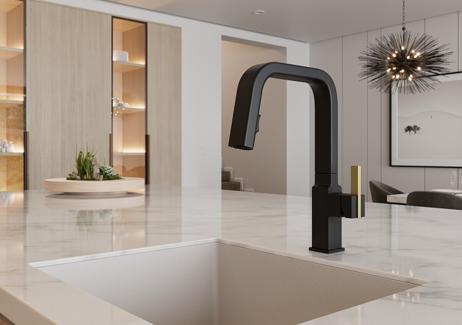 A Sleek Modern Kitchen Faucet with a Matte Black Finish and a Gold Handle