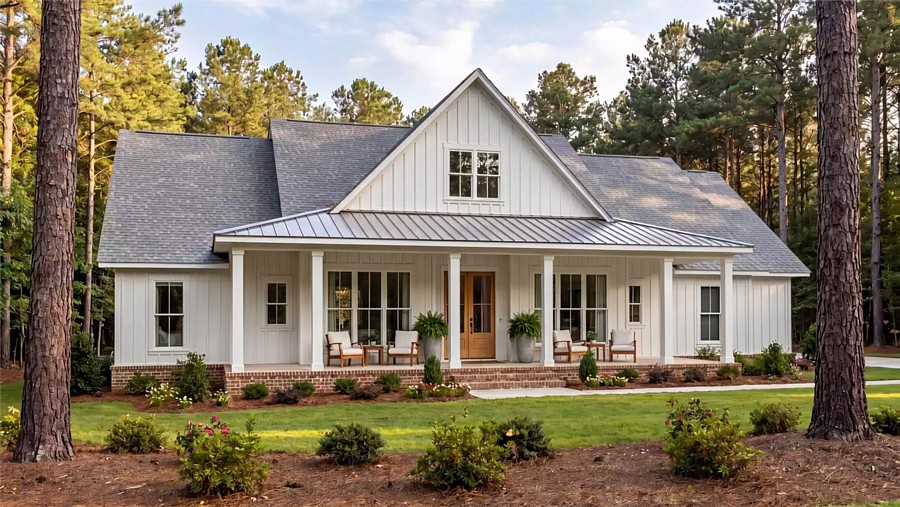 A New Midsize Farmhouse Ranch with Open Living, 4 Bedrooms, an Office, and Great Curb Appeal