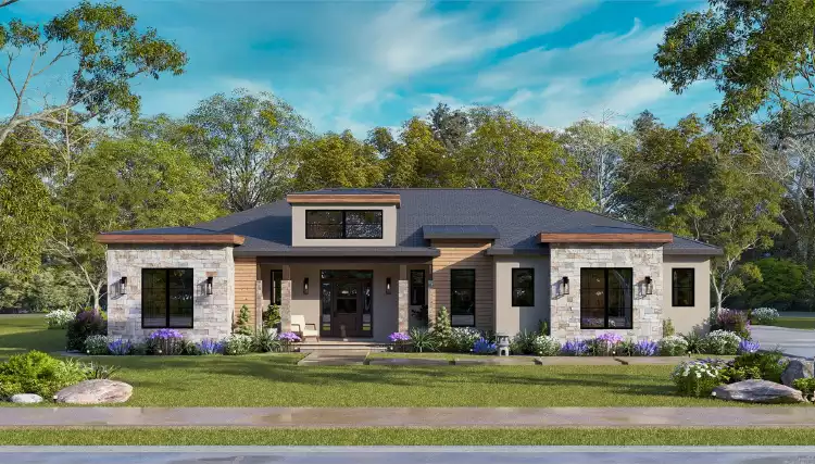 image of single story mid century modern house plan 12188