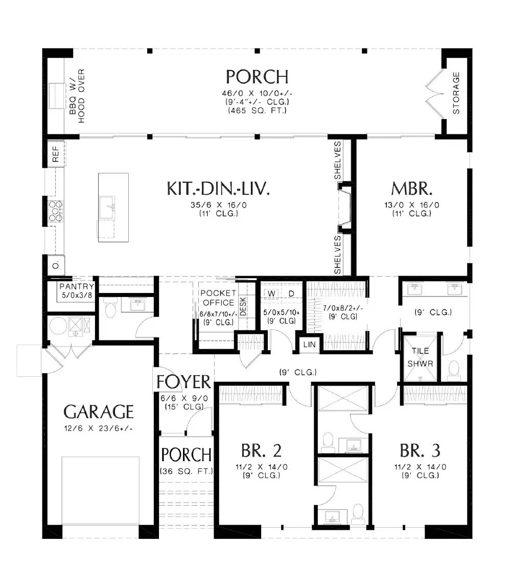 Mesa Blocky 3 Bedroom Southwest Style House Plan 1107 - 1107, image size:1000x1109
