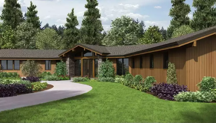 image of single story mid century modern house plan 4292