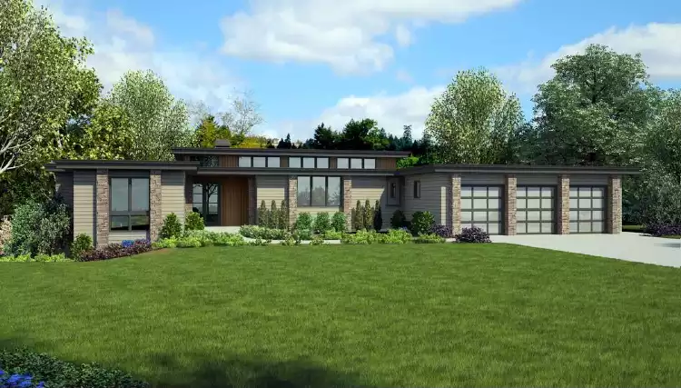 image of single story mid century modern house plan 7208