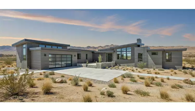 image of single story mid century modern house plan 9064