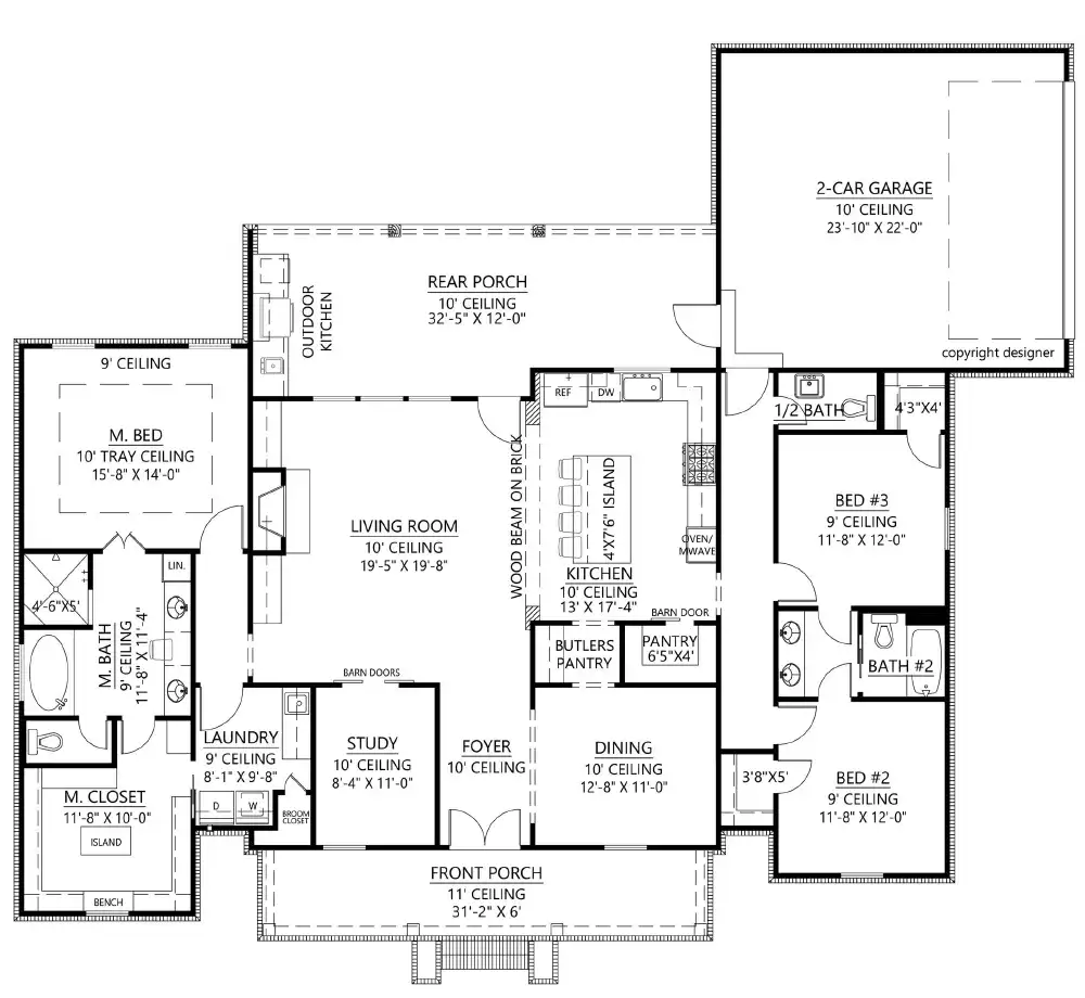2000 Sq Ft Barndominium Floor Plan w/ Garage - 3BR 2.5 BA, image size:1000x920