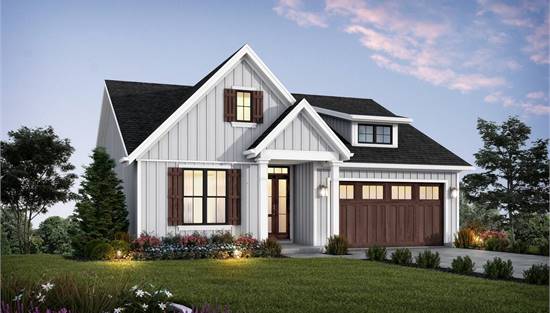 Affordable Farmhouse Front View with Double Garage
