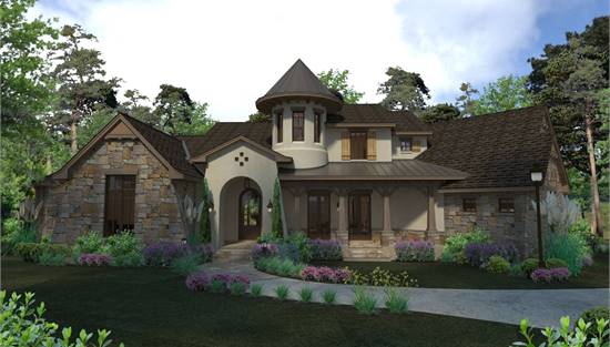 French Country Home Featuring Covered Porch and Turret