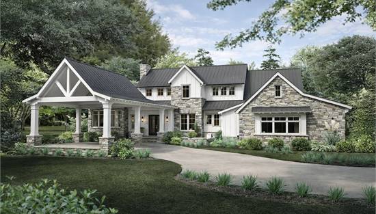 Luxurious Farmhouse with Stone and Wood Exterior