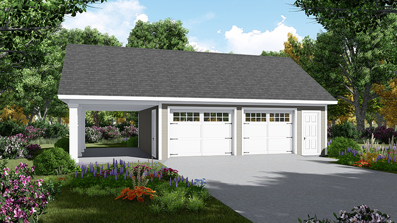 One-story Traditional 2 Car Garage Plan with Carport