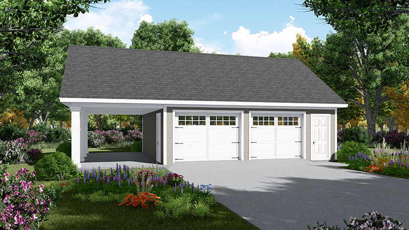 One story Traditional 2 Car Garage Plan with Carport