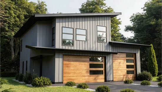 This handsome coach house, with room on the ground floor for two vehicles plus an RV, includes a one-bedroom-plus- den apartment on the upper floor.