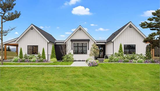 Rustic Ranch Plan with Gabled Rooflines