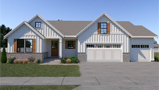One Story Traditional Farmhouse with 3-Car Front Entry Garage