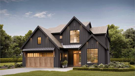 Rustic Facade with Vertical Siding & Lighted Gables